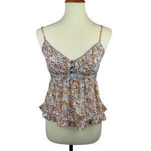 Sunland 17 Floral Peplum Tank Top Womens S Ruffle Hem Blue Orange